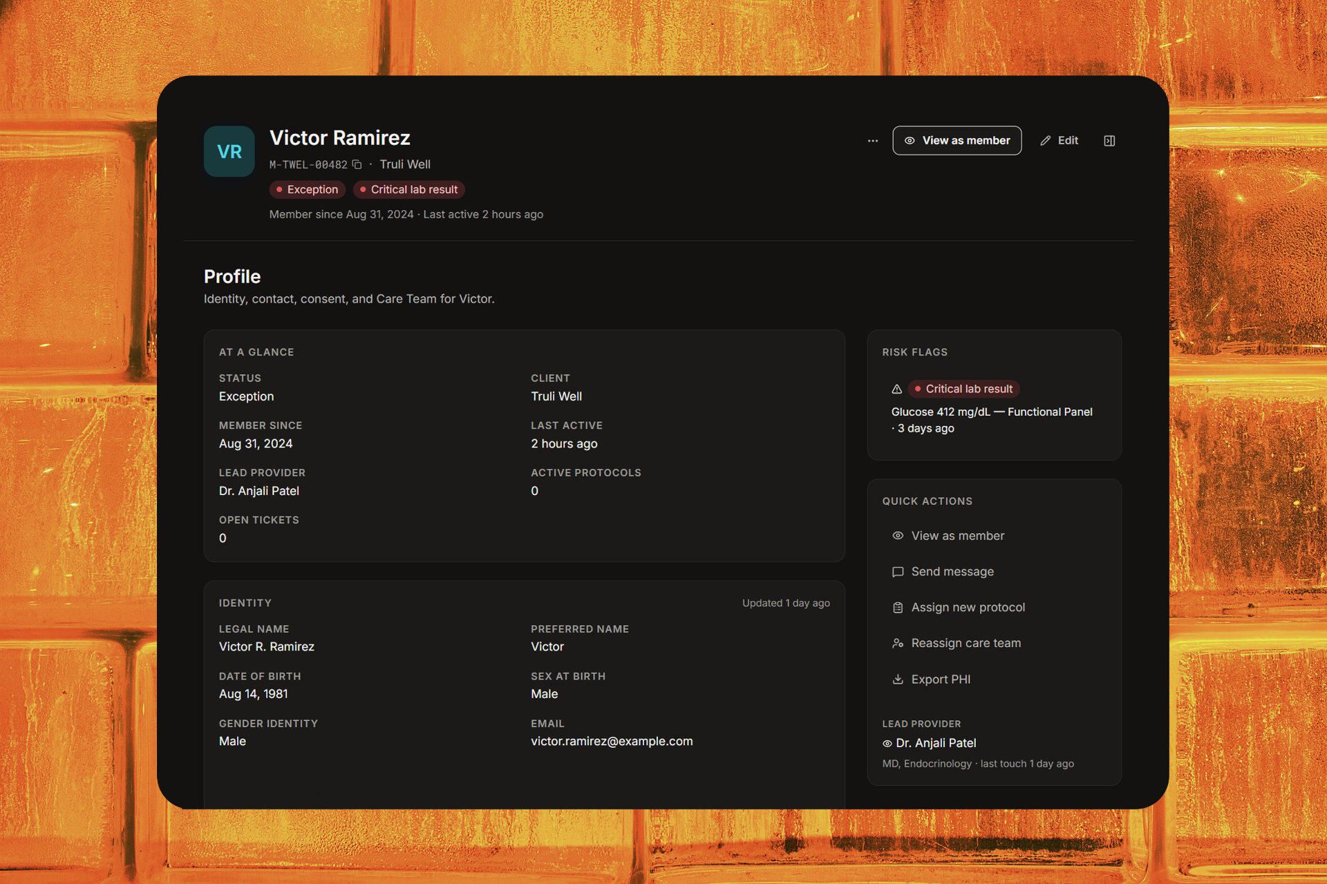 Clinical workflow dashboard showing member profile and care actions